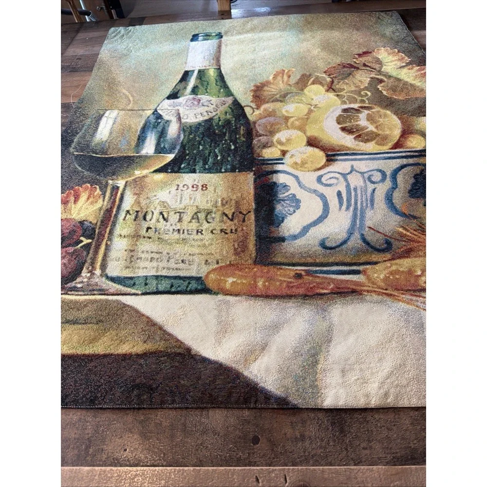 Wine Tapestry Wall Hanging Montagny 1998 Still Life Grapes Tuscan Kitchen Vtg